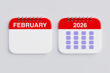 2026 Year February Month Calendar Icon. 3d Rendering