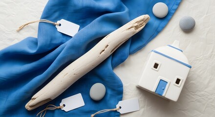 Flat lay of Greek Cycladic house decor with driftwood, blue fabr