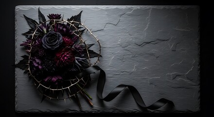 Dark floral arrangement on slate with thorny halo and ribbon accentuation