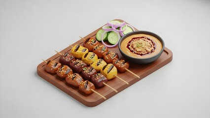 A professional 3D illustration/photorealistic shot of traditional Asian satay skewers served on a plate with thick peanut sauce, sliced cucumbers, and onions. High-quality food presentation for culina