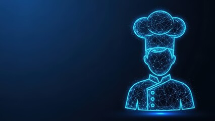 Glowing abstract chef icon with toque hat made of glowing lines and dots on dark background