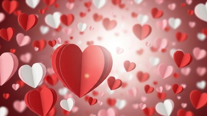romantic celebration with floating red and white paper hearts conveying love and affection
