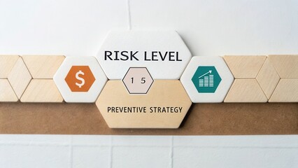 A visual representation of risk level assessment and preventive strategy using hexagonal blocks and icons for financial analysis