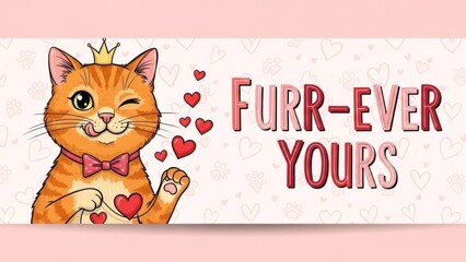 Cute Cartoon Cat with a Crown and Heart Symbols Celebrating Furr-Ever Love and Loyalty