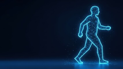 Fototapeta premium Glowing blue digital human silhouette in running motion with intricate network connections on dark background