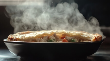 Homemade chicken pot pie with a flaky golden crust, sliced open to reveal creamy chicken and vegetable filling, with steam rising from the dish. 
