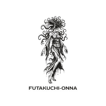 Hand drawn illustration of Futakuchi-onna, the two-mouthed woman from Japanese mythology, in a creepy horror style.