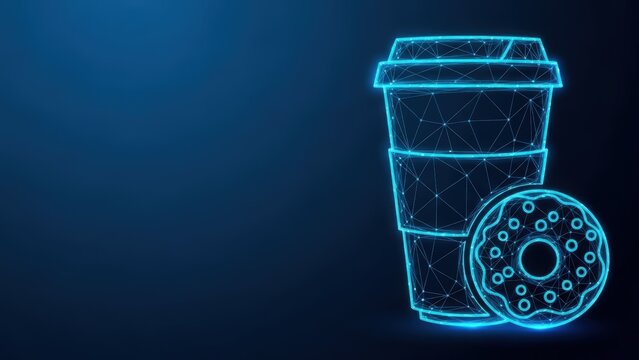 Glowing neon wireframe illustration of a takeaway coffee cup with lid and logo on a dark blue digital background