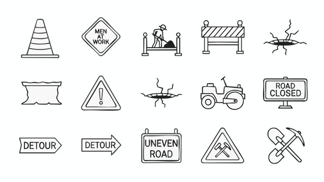 Road Construction  Safety Icons Signs Barriers Tools Hazards.