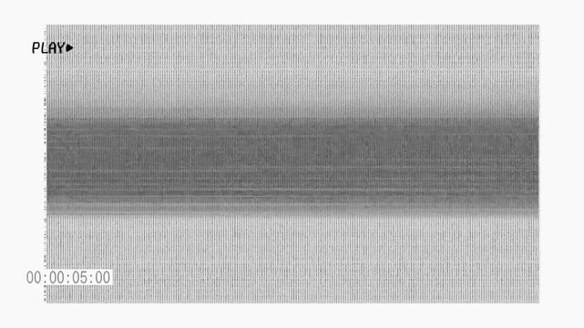 Retro style broadcast screen with Play word symbol timecode and heavy distortions and glitch effects