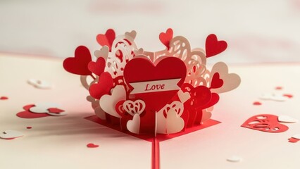Valentine's Day Heart-Shaped Card with Love Theme and Red and White Decorations