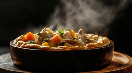 Homemade chicken pot pie with a flaky golden crust, sliced open to reveal creamy chicken and vegetable filling, with steam rising from the dish.