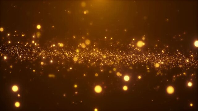 Golden bokeh lights swirl across a warm dark backdrop, sparkling orbs in soft motion with glow. soft