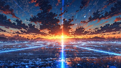 Futuristic Cityscape at Sunset with Glowing Lines and Vibrant Sky.