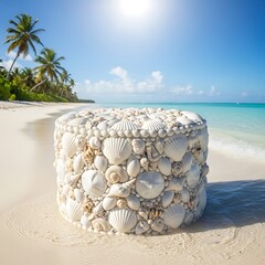 Seashell ottoman on a tropical beach with palm trees under a bright sky