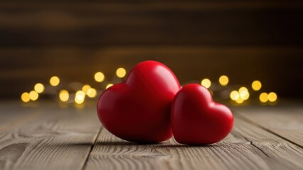 Two red heart-shaped objects placed on a wooden surface with warm bokeh lights in the background