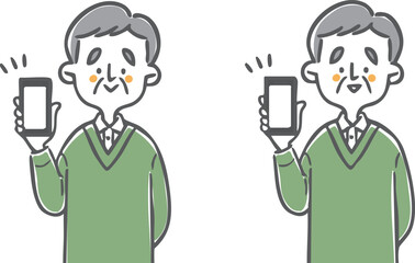スマホを持つシニア男性　上半身　ベクター