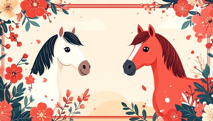 2026年午年：紅白の馬と和風の花のフレーム素材。お正月・年賀状用の可愛い背景イラスト