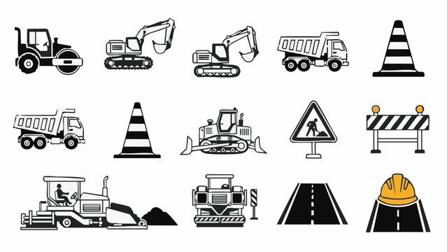 Construction Equipment Icons Excavator Dump Truck Roller Road Signs.