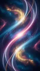 Vibrant cosmic symphony with swirling luminous ribbons and stardust