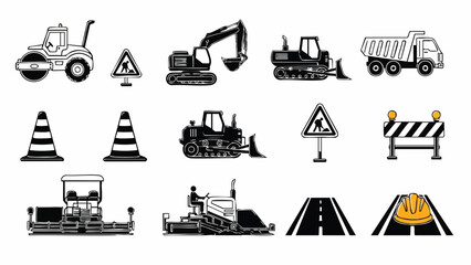 Fototapeta premium Construction Vehicles Roadwork Icons Set.