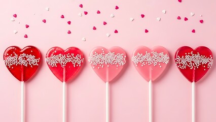 Delightful heart-shaped lollipops on pink background