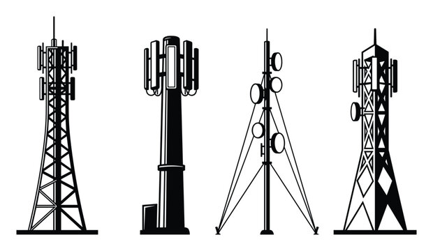 Collection of four Cell towers, antennas transmission sites with unique designs isolated on white.