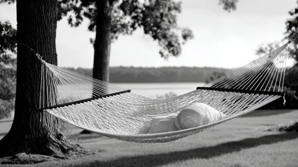 Tranquil Hammock by the Lake Under a Shady Tree in Monochrome