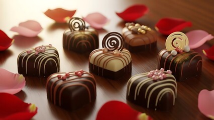 Assorted chocolates with decorative swirls and floral accents on a wooden surface surrounded by red rose petals