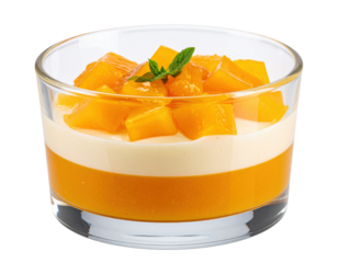 Layered Mango Dessert in Glass Bowl with Mint Garnish Close-Up