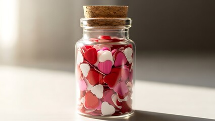 A glass jar filled with red, pink, and white hearts on a white surface with soft lighting