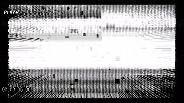 Retro style broadcast screen with Play word symbol timecode and heavy distortions and glitch effects
