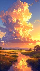 Golden hour illuminates a river meandering through a meadow under towering clouds