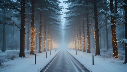 “Minimalist Christmas park pathway, tall pine trees wrapped with fairy lights, fresh snow, foggy winter background, calm and peaceful mood, photorealistic, copy space”