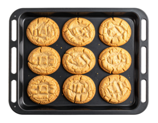 Freshly Baked Peanut Butter Cookies on a Dark Baking Sheet, Overhead View