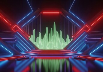 Naklejka premium Illuminated futuristic stage backdrop with dynamic spectral formation