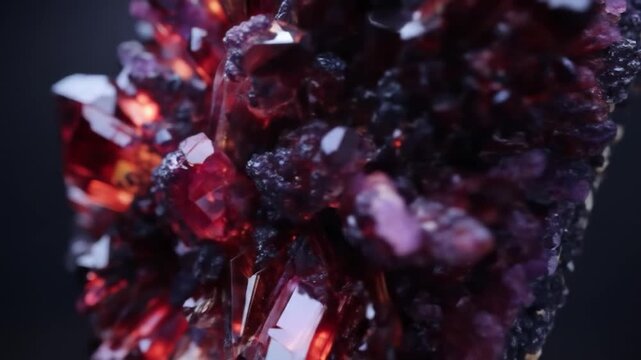 A visually striking close-up of a cluster of vibrant red and purple crystals formations with sharp