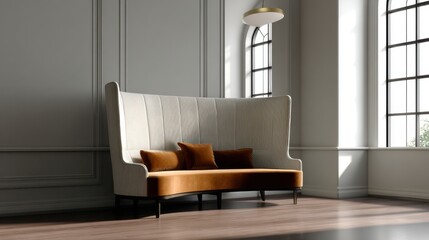 Stylish modern sofa with cushions in elegant minimalist interior
