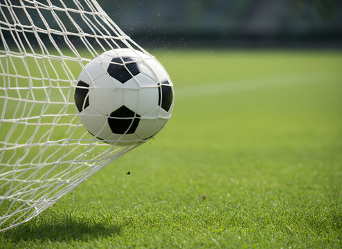 Soccer ball in goal with net and green background. football concept
