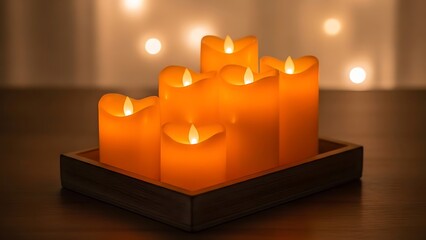Cluster of candles arranged on a tray in a dimly lit room with soft glow