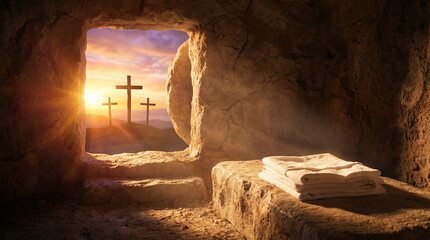 Resurrection morning light in empty tomb with burial cloths and three crosses on hilltop under golden sky spiritual easter christian hope concept