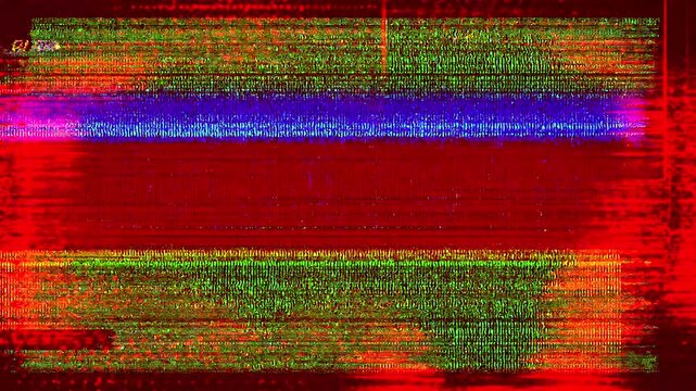 Retro style broadcast screen with Play word symbol timecode and heavy distortions and glitch effects