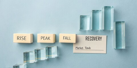 Conceptual market trends with blocks showcasing rise, peak, fall, and recovery in economic context on blue background