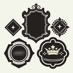 Black decorative label silhouettes, vintage frame shapes, retro outline badge, ornate geometric borders, empty tag design graphics, shield elegant royal crest emblem, retro sticker. Vector set