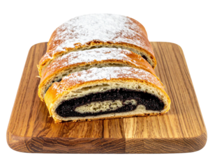 Sliced Poppy Seed Roll with Powdered Sugar on Wooden Cutting Board