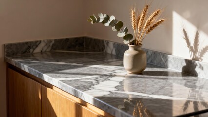 Minimalist marble countertop with dried lavender & wheat in white ceramic vase