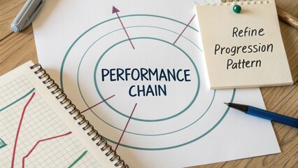 Diagram of Performance Chain Concept with Graphs and Notes on a Wooden Desk for Business Analysis and Strategy Formulation