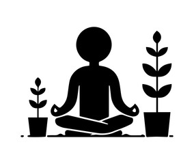A meditation icon among flowers, a stickman in the lotus position. A stick figure, a human silhouette in the lotus position.