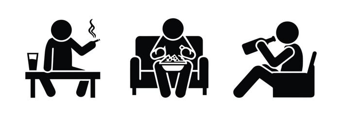 Bad habits icon set, a person drinks alcohol, eats a lot of fast food, and leads a sedentary lifestyle, stick figure, isolated human silhouette