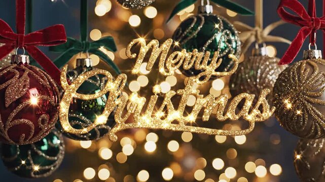 Festive Holiday Ornament Display with Glimmering Gold Merry Christmas Script Accent